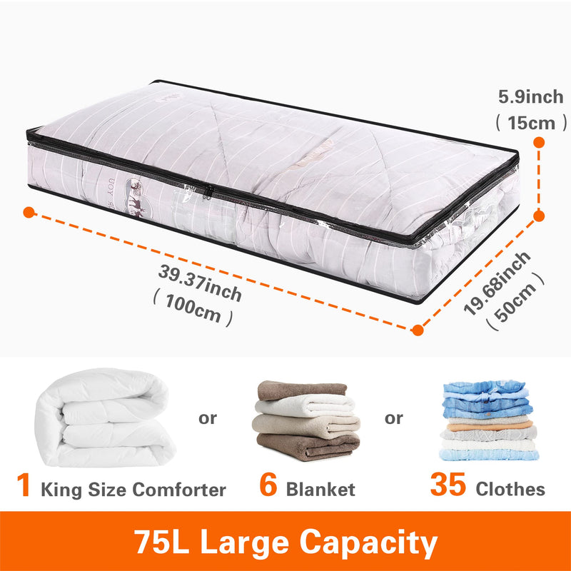 Vieshful 3 Pack Clear Underbed Storage Bags 75L Transparent Clothes Bags Large Capacity Under the Bed Clothing Containers with Reinforced Handles Zippered Organizers for Comforters Blankets Bedding