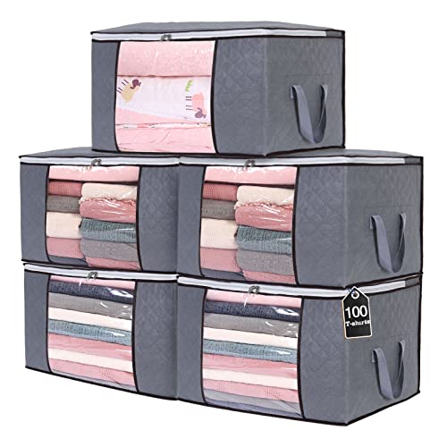 Vieshful 5 Pack Clothes Storage Bags 90L Large Capacity Clothing Organizers with Reinforced Handles Thick Breathable Fabric Foldable Underbed Containers for Bedding Comforter Blanket